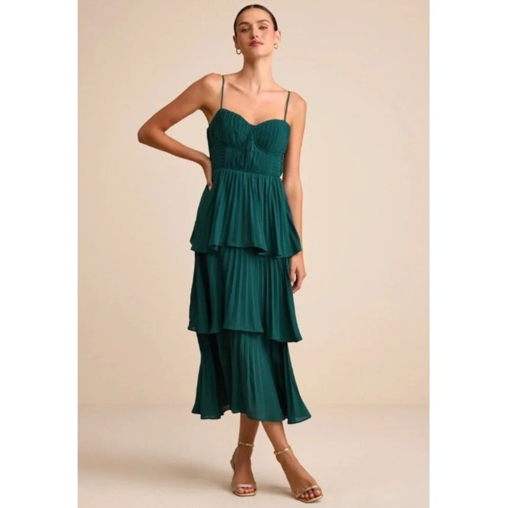 Lulus Pleated Tiered Maxi Dress Women M Green Sweetheart Bustier Formal Wedding